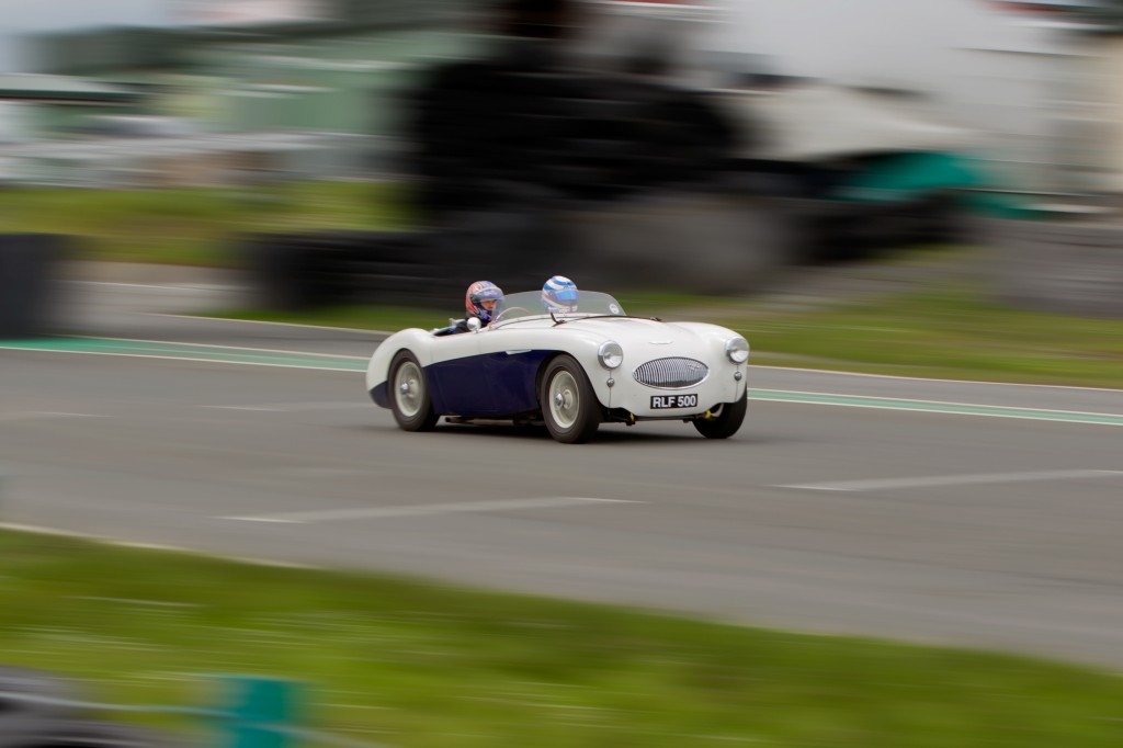 Bill & Jack Rawles having the privilege to put an Austin Healey 100 S through its paces at Knockhill during the 4th European Austin Healey meet in 2013