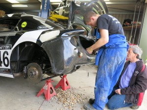 Bill Rawles and Jack Rawles make a start on repairing the car ready for the up coming events