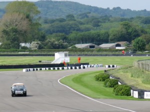 An elevated track view from above the pits