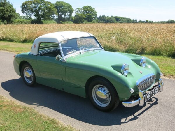 Austin Healey Frogeye Sprite MKI for sale at Bill Rawles Classic Cars, beautifully restored, leaf green with a white hardtop