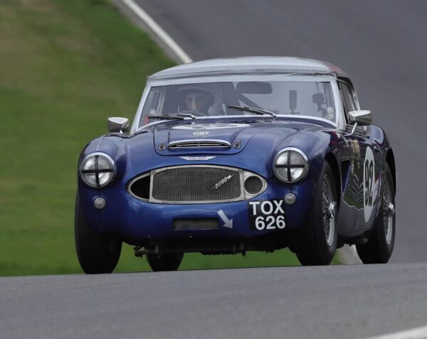 Blue Austin Healey 3000 racing at Brands Hatch